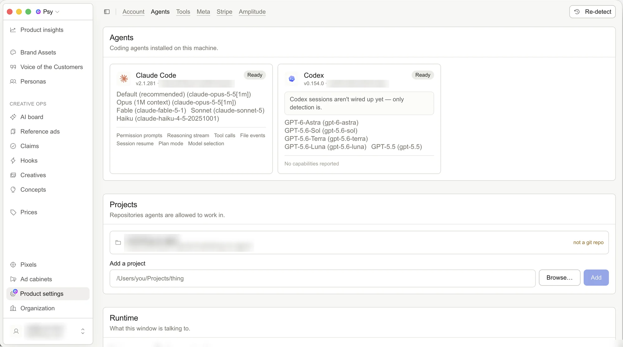 Gebra R&D library: product workspace with AI coding agents panel. Sensitive details blurred.